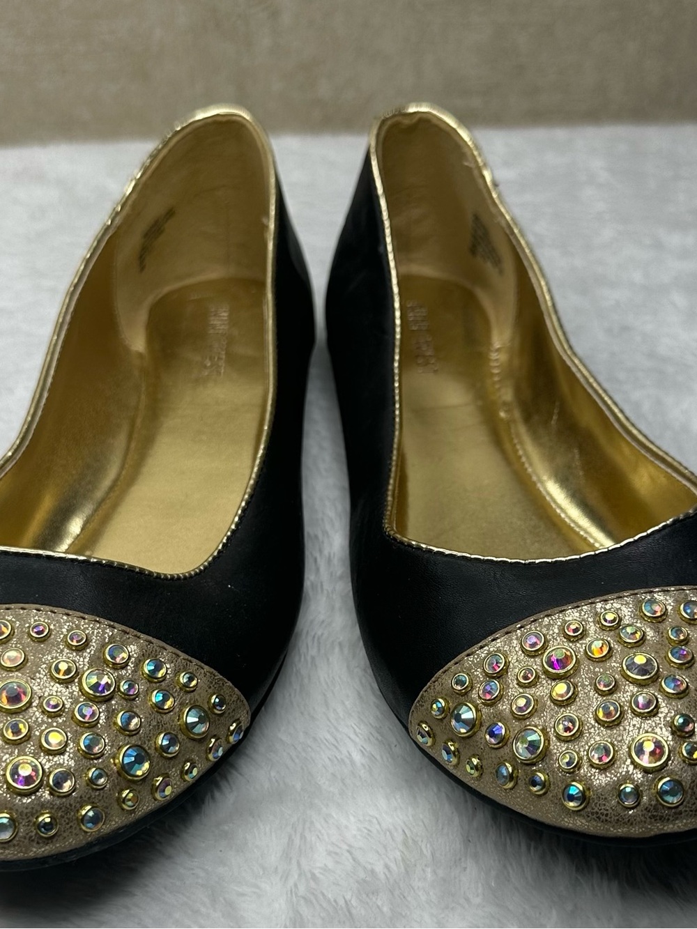 Nine West Black Flats with Gold Toe Caps and Iridescent Studs